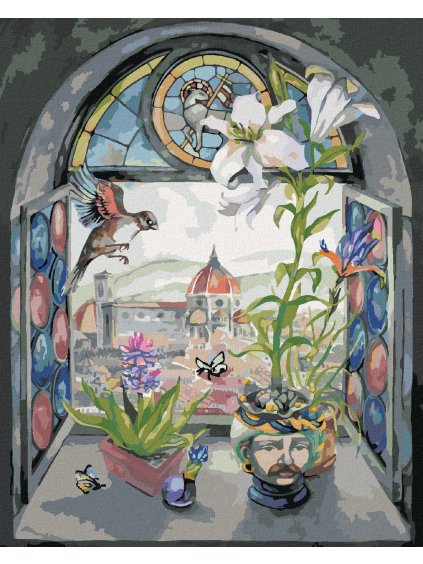 Diamantové maľovanie - OKNO S VÝHĽADOM NA KATEDRÁLU SANTA MARIA (Rámovanie bez rámu a bez vypnutia plátna, Rozmer 40x50 cm)