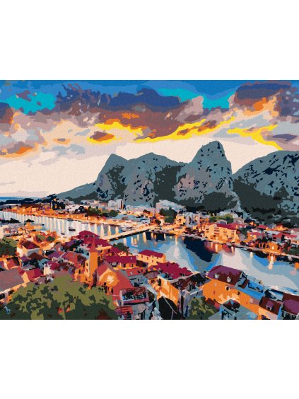 Diamantové maľovanie - VEČERNÁ PANORAMA MESTA OMIŠ (Rámovanie bez rámu a bez vypnutia plátna, Rozmer 40x50 cm)