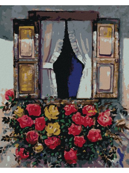 Diamantové maľovanie - OKNO S ROZKVITNUTÝMI KVETMI (Rámovanie bez rámu a bez vypnutia plátna, Rozmer 40x50 cm)