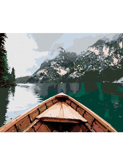 Diamantové maľovanie - LOĎ NA JAZERE A HORY V HMLE (Rámovanie bez rámu a bez vypnutia plátna, Rozmer 40x50 cm)