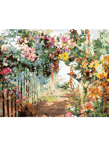 Diamantové maľovanie - JARNÉ KVETY PRI PLOTE (Rámovanie bez rámu a bez vypnutia plátna, Rozmer 40x50 cm)