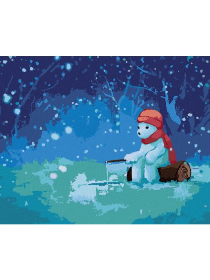 Diamantové maľovanie - ĽADOVÝ MEDVEĎ NA RYBÁCH V ZIME (Rámovanie bez rámu a bez vypnutia plátna, Rozmer 40x50 cm)