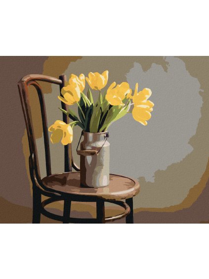 Diamantové maľovanie - ŽLTÉ TULIPÁNY V KONVICI NA MLIEKO NA STOLIČKE (Rámovanie bez rámu a bez vypnutia plátna, Rozmer 40x50 cm)