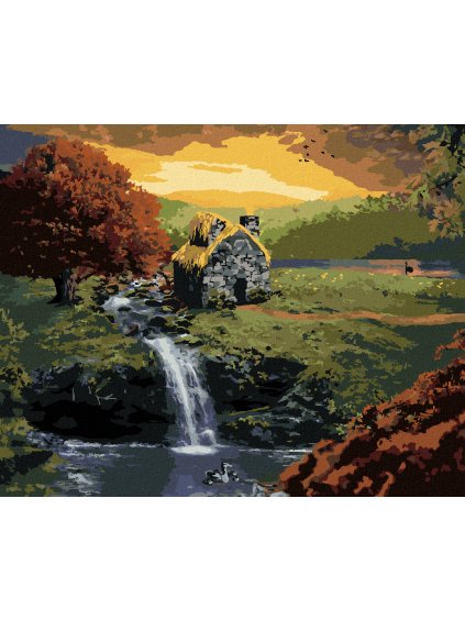 Diamantové maľovanie - LESNÁ CHATIČKA S POTOČKOM (Rámovanie bez rámu a bez vypnutia plátna, Rozmer 40x50 cm)