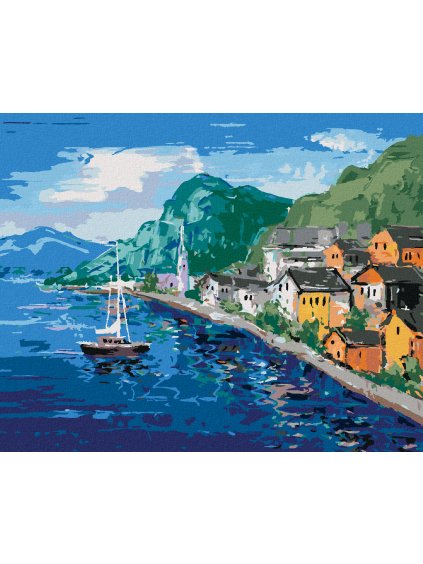 Diamantové maľovanie - POBREŽIE PRI HALLSTATT V RAKÚSKU (Rámovanie bez rámu a bez vypnutia plátna, Rozmer 40x50 cm)
