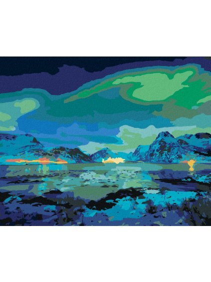Diamantové maľovanie - POLÁRNA ŽIARA NAD HORAMI (Rámovanie bez rámu a bez vypnutia plátna, Rozmer 40x50 cm)