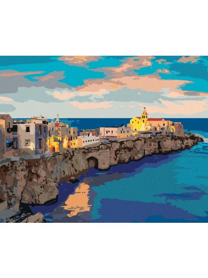 Diamantové maľovanie - VEČERNÁ PANORAMA MESTA VIESTE (Rámovanie bez rámu a bez vypnutia plátna, Rozmer 40x50 cm)