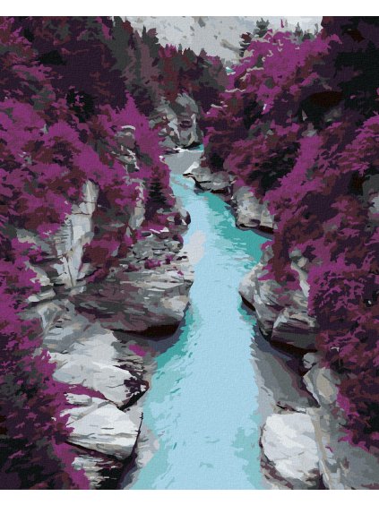 Diamantové maľovanie - FIALOVÉ BOROVICE A MODRÝ POTOK (Rámovanie bez rámu a bez vypnutia plátna, Rozmer 40x50 cm)