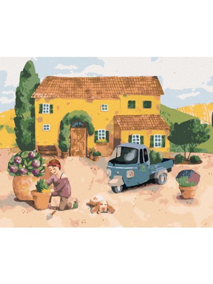 Diamantové maľovanie - ŽENA SADIACA KVETY PRI DOME V PROVANCE (Rámovanie bez rámu a bez vypnutia plátna, Rozmer 40x50 cm)