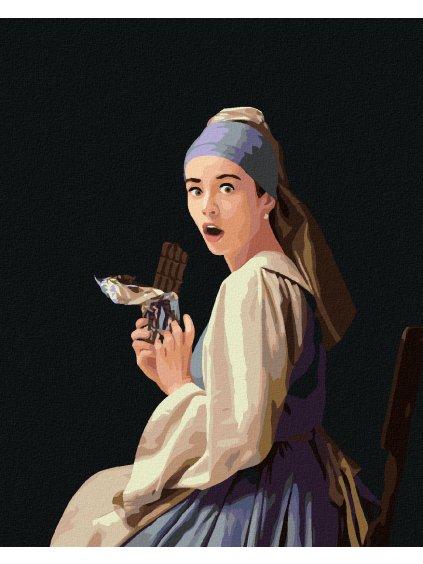 Diamantové maľovanie - DIEVČA S PERLOU A ČOKOLÁDA (Rámovanie bez rámu a bez vypnutia plátna, Rozmer 40x50 cm)