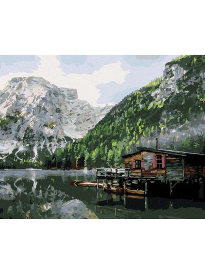 Diamantové maľovanie - JAZERO S CHATOU A LOĎAMI TALIANSKO II (Rámovanie bez rámu a bez vypnutia plátna, Rozmer 40x50 cm)