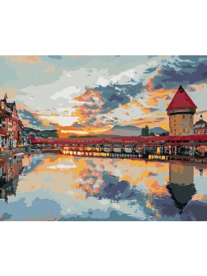 Diamantové maľovanie - ZÁPAD SLNKA V HISTORICKOM CENTRE LUCERNU (Rámovanie bez rámu a bez vypnutia plátna, Rozmer 40x50 cm)