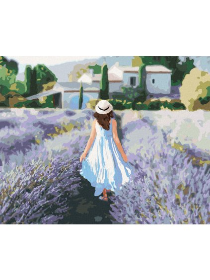 Diamantové maľovanie - LEVANDUĽOVÉ POLE A ŽENA V PROVENCE (Rámovanie bez rámu a bez vypnutia plátna, Rozmer 40x50 cm)