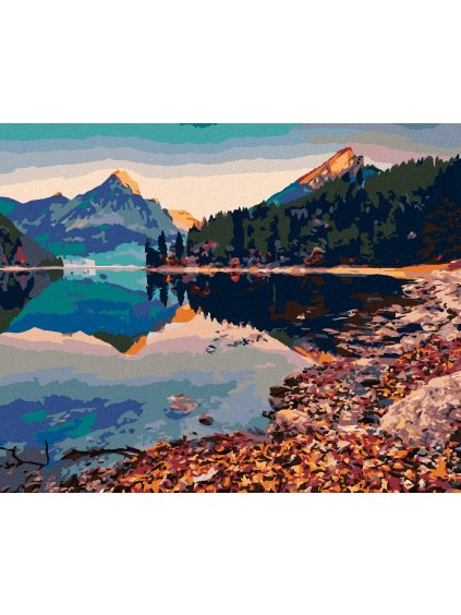 Diamantové maľovanie - DVA VRCHOLY HOR ODRÁŽAJÚCE SA V JAZERE (Rámovanie bez rámu a bez vypnutia plátna, Rozmer 40x50 cm)