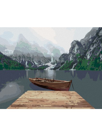 Diamantové maľovanie - HORY PRI JAZERE S LOĎKOU (Rámovanie bez rámu a bez vypnutia plátna, Rozmer 40x50 cm)