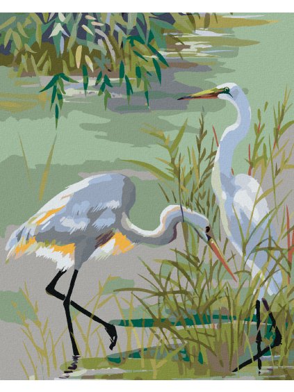 Diamantové maľovanie - DVE VOLAVKY POPOLAVÉ PRI JAZERE (Rámovanie bez rámu a bez vypnutia plátna, Rozmer 40x50 cm)