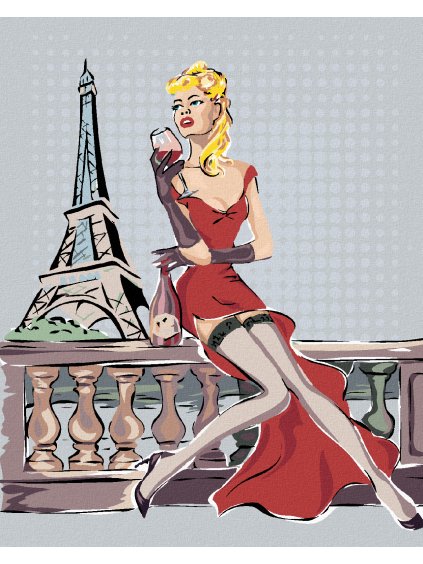 Diamantové maľovanie - EIFFELOVA VEŽA A ŽENA SO SKLENIČKOU (Rámovanie bez rámu a bez vypnutia plátna, Rozmer 40x50 cm)