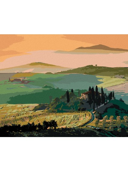 Diamantové maľovanie - TOSKÁNSKA KRAJINA A VÝCHOD SLNKA (Rámovanie bez rámu a bez vypnutia plátna, Rozmer 40x50 cm)