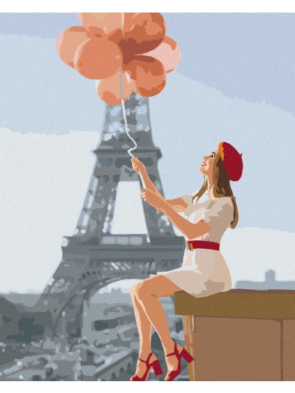 Diamantové maľovanie - EIFFELOVA VEŽA A ŽENA S ČERVENÝMI BALÓNIKMI (Rámovanie bez rámu a bez vypnutia plátna, Rozmer 40x50 cm)