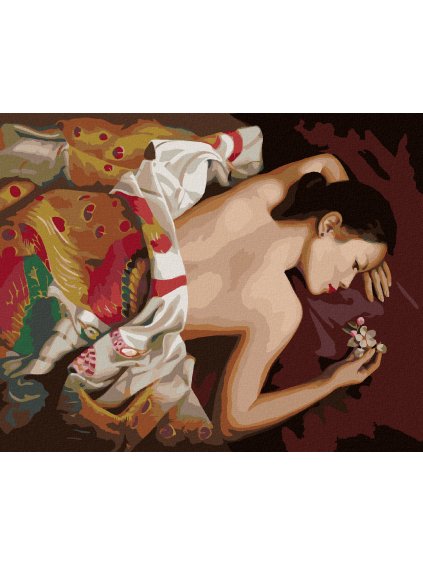 Diamantové maľovanie - NAHÁ ŽENA POD PREHOZOM S KVETINOU (PIETER WAGEMANS) (Rámovanie bez rámu a bez vypnutia plátna, Rozmer 40x50 cm)