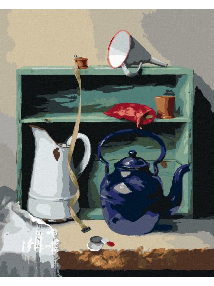 Diamantové maľovanie - ZÁTIŠIE KANVICA, KRAJČÍRSKÝ METER A SKRIŇA (PIETER WAGEMANS) (Rámovanie bez rámu a bez vypnutia plátna, Rozmer 40x50 cm)