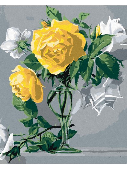 Diamantové maľovanie - ZÁTIŠIE BIELE A ŽLTÉ RUŽE V SKLENENEJ VÁZE (PIETER WAGEMANS) (Rámovanie bez rámu a bez vypnutia plátna, Rozmer 40x50 cm)