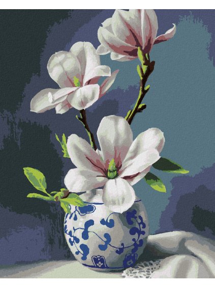 Diamantové maľovanie - ZÁTIŠIE MAGNÓLIE V BIELOMODREJ VÁZE (PIETER WAGEMANS) (Rámovanie bez rámu a bez vypnutia plátna, Rozmer 40x50 cm)