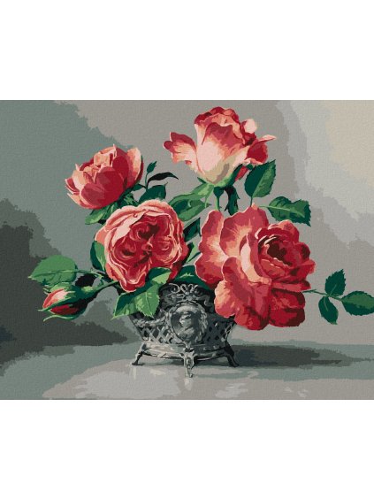Diamantové maľovanie - ZÁTIŠIE RUŽOVÉ RUŽE V ZDOBENEJ VÁZE (PIETER WAGEMANS) (Rámovanie bez rámu a bez vypnutia plátna, Rozmer 40x50 cm)