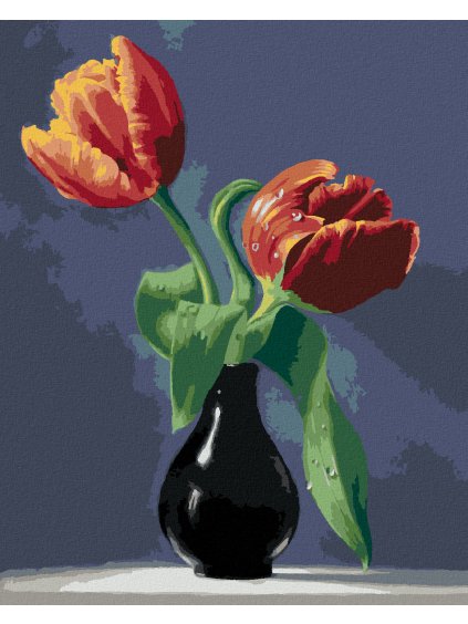 Diamantové maľovanie - ZÁTIŠIE TULIPÁNY V ČERNEJ VÁZE NA MRAMOROVEJ DOSKE (PIETER WAGEMANS) (Rámovanie bez rámu a bez vypnutia plátna, Rozmer 40x50 cm)