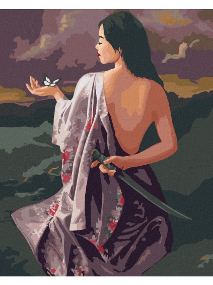 Diamantové maľovanie - ŽENA V RUŽOVOM KVETOVANOM HODVÁBE S DÝKOU A MOTÝĽ (PIETER WAGEMANS) (Rámovanie bez rámu a bez vypnutia plátna, Rozmer 40x50 cm)