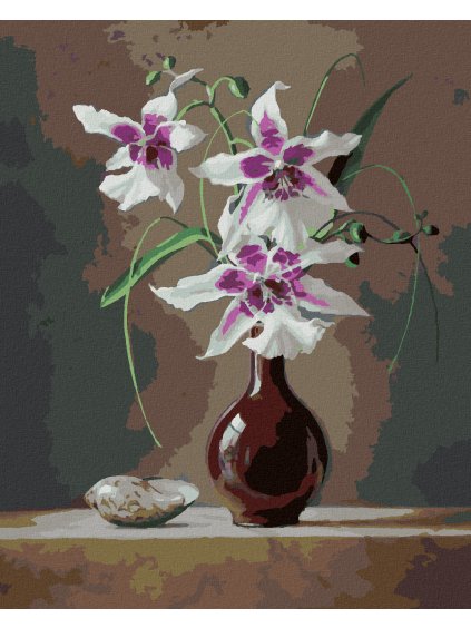 Diamantové maľovanie - ZÁTIŠIE ORCHIDEA V ČERVENEJ VÁZE A MUŠĽA (PIETER WAGEMANS) (Rámovanie bez rámu a bez vypnutia plátna, Rozmer 40x50 cm)