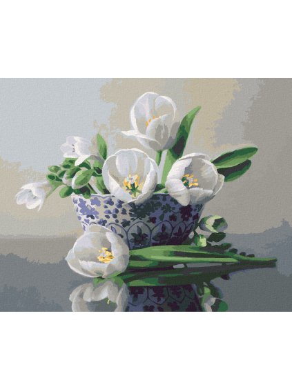 Diamantové maľovanie - ZÁTIŠIE BIELE TULIPÁNY V MODROBIELEJ MISE (PIETER WAGEMANS) (Rámovanie bez rámu a bez vypnutia plátna, Rozmer 40x50 cm)