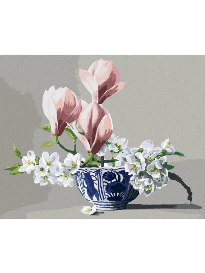 Diamantové maľovanie - ZATÍŠI KVETY JABLONE A MAGNÓLIE V PORCELÁNOVEJ MISE (PIETER WAGEMANS) (Rámovanie bez rámu a bez vypnutia plátna, Rozmer 40x50 cm)