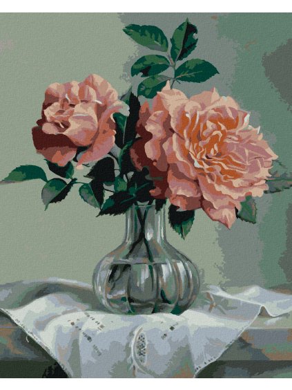 Diamantové maľovanie - ZÁTIŠIE RUŽOVÉ RUŽE V SKLENENEJ VÁZE (PIETER WAGEMANS) (Rámovanie bez rámu a bez vypnutia plátna, Rozmer 40x50 cm)