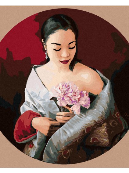 Diamantové maľovanie - ŽENA V ODEVE S PAVÍM VZOROM A KVETY (PIETER WAGEMANS) (Rámovanie bez rámu a bez vypnutia plátna, Rozmer 40x50 cm)