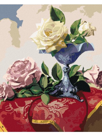 Diamantové maľovanie - ZÁTIŠIE BIELE A RUŽOVÉ RUŽE NA ČERVENOM OBRUSE (PIETER WAGEMANS) (Rámovanie bez rámu a bez vypnutia plátna, Rozmer 40x50 cm)