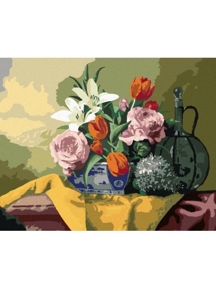 Diamantové maľovanie - ZÁTIŠIE TULIPÁNY, ĽALIE, HORTENZIE A RUŽE NA ŽLTOM OBRUSE (PIETER WAGEMANS) (Rámovanie bez rámu a bez vypnutia plátna, Rozmer 40x50 cm)
