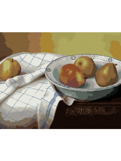 Diamantové maľovanie - ZÁTIŠIE HRUŠKY V MISKE A BIELA UTIERKA (PIETER WAGEMANS) (Rámovanie bez rámu a bez vypnutia plátna, Rozmer 40x50 cm)