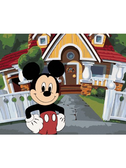 Diamantové maľovanie - MICKEY MOUSE PRED DOMČEKOM (Rámovanie bez rámu a bez vypnutia plátna, Rozmer 40x50 cm)