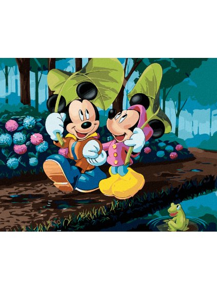 Diamantové maľovanie - MICKEY MOUSE A MINNIE S DÁŽDNIKMI Z LISTOV (Rámovanie bez rámu a bez vypnutia plátna, Rozmer 40x50 cm)