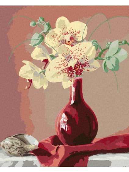 Diamantové maľovanie - ZÁTIŠIE ORCHIDEA V ČERVENEJ VÁZE A MUŠĽA (PIETER WAGEMANS) (Rámovanie bez rámu a bez vypnutia plátna, Rozmer 40x50 cm)