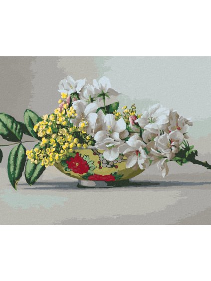 Diamantové maľovanie - ZÁTIŠIE KVITNÚCA JABLOŇ A SMILEK HUMBOLDTOV V MAĽOVANEJ VÁZE (PIETER WAGEMANS) (Rámovanie bez rámu a bez vypnutia plátna, Rozmer 40x50 cm)