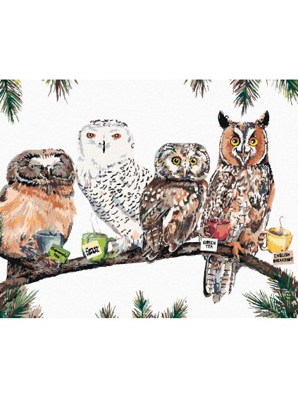 Diamantové maľovanie - SOVY S ČAJOM (HOLLY SIMENTAL) (Rámovanie bez rámu a bez vypnutia plátna, Rozmer 40x50 cm)