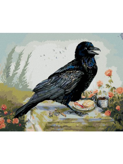 Diamantové maľovanie - HAVRAN A KÁVA (HOLLY SIMENTAL) (Rámovanie bez rámu a bez vypnutia plátna, Rozmer 40x50 cm)