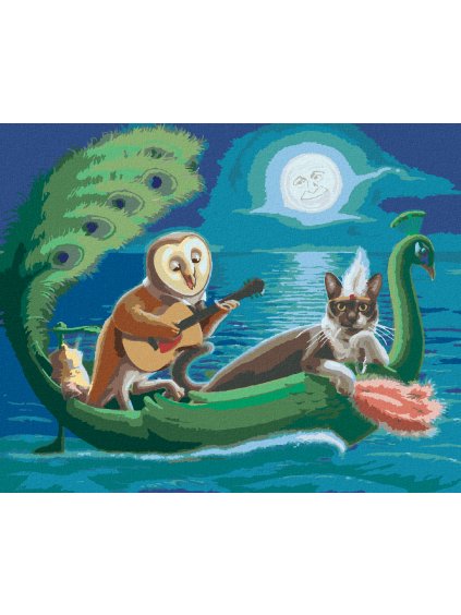 Diamantové maľovanie - SOVA A MAČKA NA LODI V TVARE PÁVA (SUE ELLEN BROWN) (Rámovanie bez rámu a bez vypnutia plátna, Rozmer 40x50 cm)