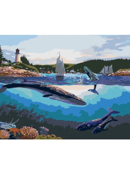 Diamantové maľovanie - VEĽRYBY A POBREŽNÉ MESTO (ROBERT JOHNSON) (Rámovanie bez rámu a bez vypnutia plátna, Rozmer 40x50 cm)