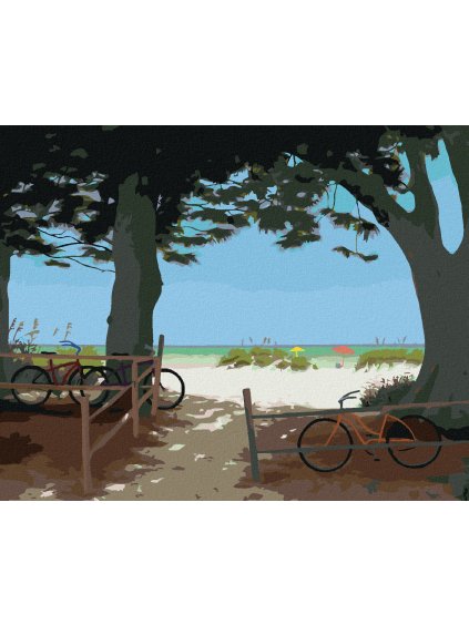 Diamantové maľovanie - BICYKLE A STROMY PRI PLÁŽI (ROBERT JOHNSON) (Rámovanie bez rámu a bez vypnutia plátna, Rozmer 40x50 cm)