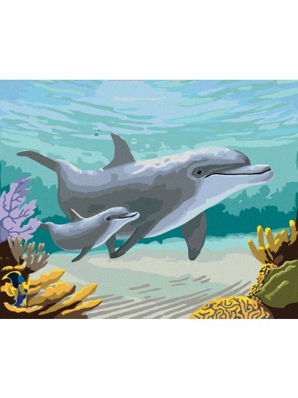 Diamantové maľovanie - DELFÍNY A KORALY (ROBERT JOHNSON) (Rámovanie bez rámu a bez vypnutia plátna, Rozmer 40x50 cm)