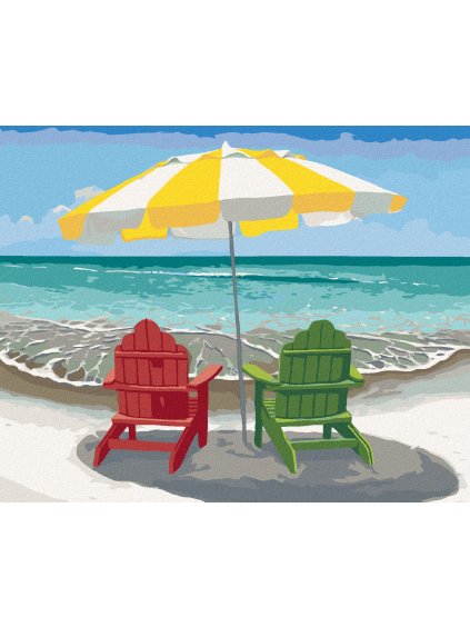 Diamantové maľovanie - DREVENÉ STOLIČKY S DÁŽDNIKOM NA PLÁŽI (Robert Johnson) (Rámovanie bez rámu a bez vypnutia plátna, Rozmer 40x50 cm)