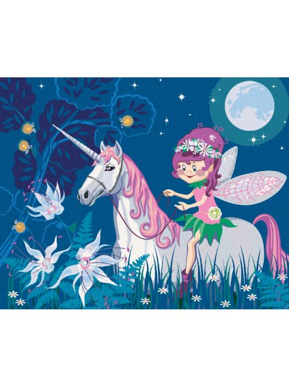 Diamantové maľovanie - MALÁ VÍLA A JEDNOROŽEC (Rámovanie bez rámu a bez vypnutia plátna, Rozmer 40x50 cm)